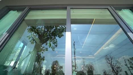 Glass-Slide-Door-With-Heat-Protection-Film,-Close-Up,-No-People