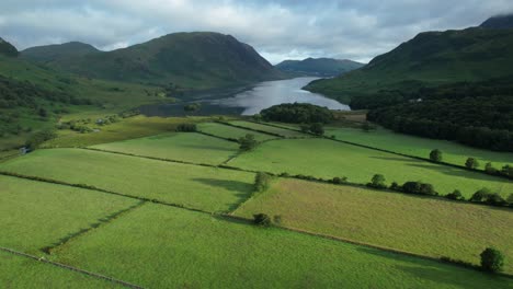 Aerial-view-from-Buttermere-valley-towards-Crummock-Water,-Lake-District,-UK
