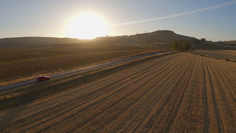 Golden-sun:-Aerial-tracks-red-car-driving-on-small-road-by-crop-fields