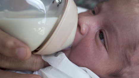 Nahaufnahme-Porträt-Eines-Neugeborenen-Babys,-Das-Milch-Aus-Der-Flasche-Trinkt