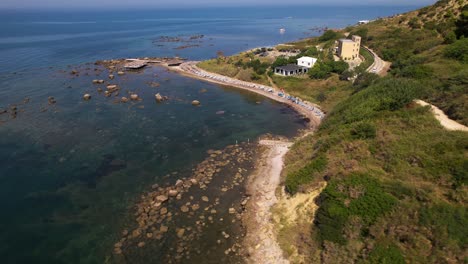 Paradise-remote-vacation-spot-on-Albanian-coastline-near-Durres,-colorful-panoramic-seaside