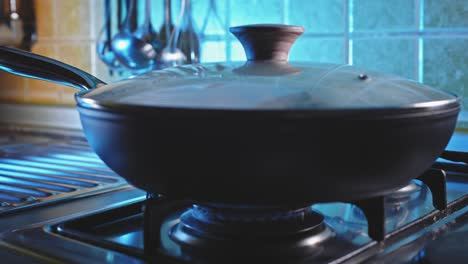 Side-View-Of-A-Frying-Pan-Covered-With-Glass-Lid