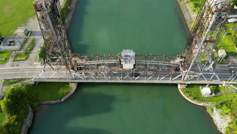 LIft-Bridge-Down-Welland-Canal-Canada-Aerial-Drone-Top-Notch-View-Flying-Above