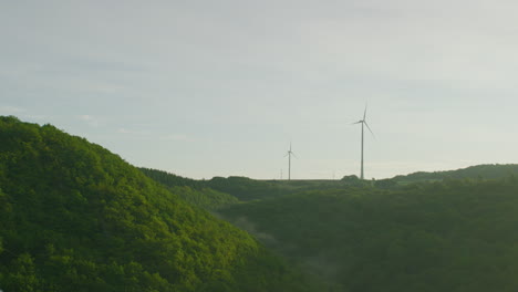 Strom-Windmühlenpark-Neben-Wald-Am-Sommertag