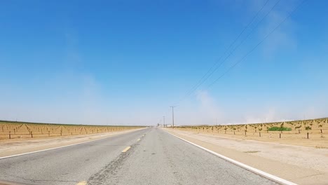Driving-along-drought-stricken-vineyards-near-Fresno,-California-on-a-hot,-sunny-day