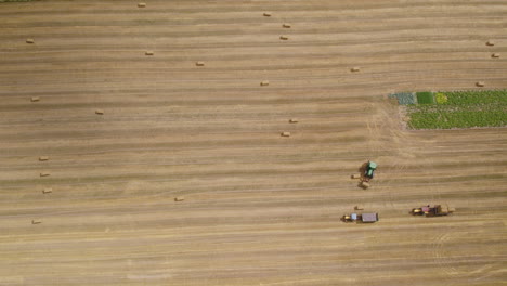 Aerial-top-down-shot-of-farm-vehicles-and-machinery-harvesting-on-wheat-field-and-transporting-bales