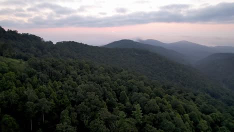 Sunrise-aerial-at-treetops-along-the-blue-ridge-mountains-near-boone-and-blowing-rock-nc,-north-carolina