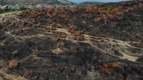 Burned-land-on-hills-near-city,-black-devastated-surface-with-burnt-trees-and-grass