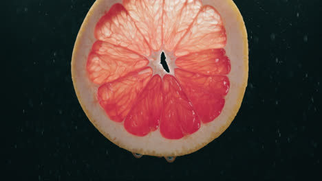 Grapefruit-Slice-Splashed-by-Water-Droplet-Mist-with-Liquid-Drip-in-Slow-Motion-Backlit-Black-Background