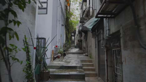 Shot-traveling-forward-in-a-empty-little-narrow-street-in-the-middle-of-a-city-during-the-day