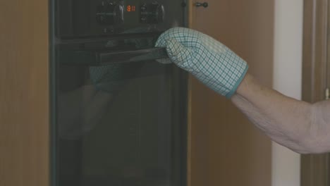 An-old-lady-opens-an-oven-with-a-glove-to-observe-whether-the-cake-is-ready