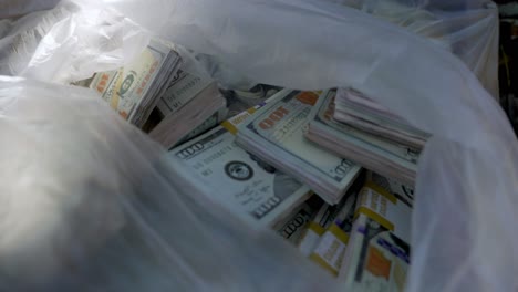 Huge-pile-of-Dollars-in-plastic-bag-ready-to-be-buried,-close-up-view