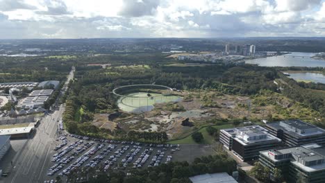 Aerial-panorama-view-of-Brickpit-Ring-Walk-in-Sydney-Olympic-Park,-New-South-Wales,-Australia