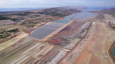 Salt-flats-production-valley-in-Croatia-on-Pag-island,-mineral-colors-on-surface