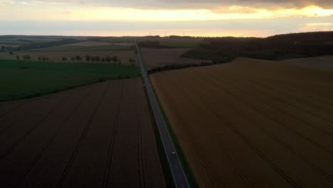 Aerial-drone-shot-over-a-rural-road-between-fields-of-ripe-corn-during-evening-time
