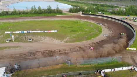 4K-Drone-Video-of-Stock-Car-Racing-at-Mitchell-Raceway-in-Fairbanks,-AK-during-Sunny-Summer-Evening-2
