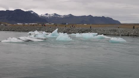 Glacier-Lagoon-in-Iceland-with-wide-shot-of-birds-flying-and-gimbal-video-walking-sideways