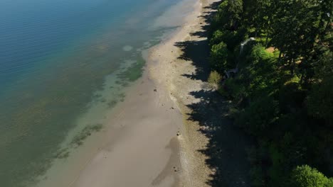 Drone-shot-of-the-shoreline-in-Holmes-Harbor,-Whidbey-Island