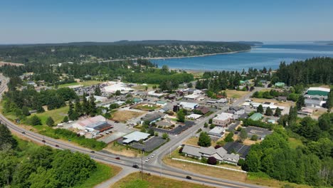 Drone-shot-flying-over-Freeland's-business-district-on-Whidbey-Island
