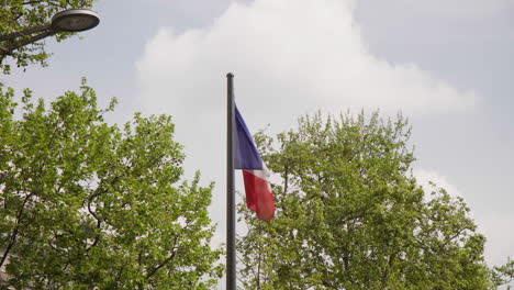 Bandera-Francesa-Frente-A-árboles-Verdes-En-Champs-Élysées-Paris,-Francia-Luz-Del-Día-4k