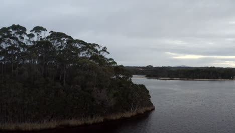 Aerial:-Drone-rising-over-trees-to-reveal-boats-floating-on-a-lake-near-Strahan,-Tasmania-Australia