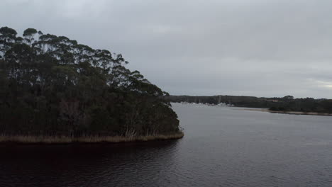 Aerial:-Drone-tracking-around-trees-to-reveal-boats-floating-on-a-lake-near-Strahan,-Tasmania-Australia