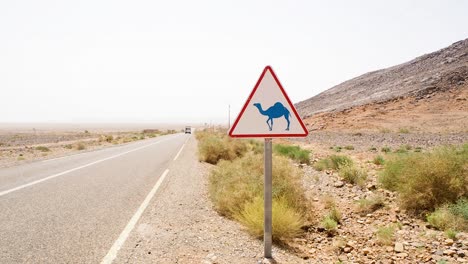 Señal-De-Advertencia-De-Camello-En-La-Carretera-En-El-Desierto