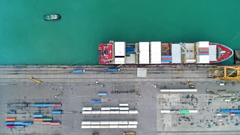 Shipping-Container-Terminal-At-Daytime-In-Puerto-Limon,-Caribbean,-Costa-Rica---aerial-top-down