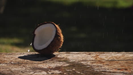 Eine-Kokosnuss-Prallt-Gegen-Eine-Holzbank-Und-Sprengt-In-Zeitlupe-Spritzende-Milch-Auf