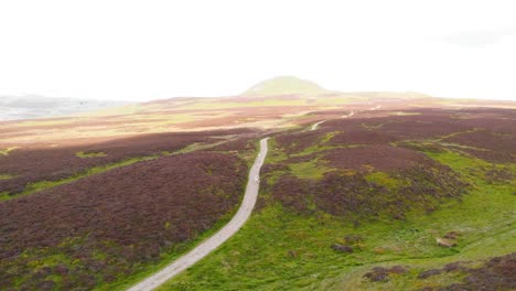 Road-winding-through-Lomond-hills-moorland-in-Scotland,-drone-shot