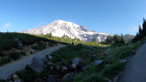 Shot-of-Mount-Rainer-from-the-Skyline-Trail-with-shaded-meadow-in-the-foreground