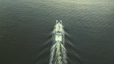 Aerial-top-view-of-a-commercial-fishing-boat-in-Biloxi,-Mississippi