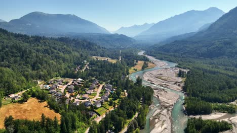 Chilliwack-River,-The-Valley-And-The-Peaks-Of-MacFarlane-In-Chilliwack,-BC,-Canada---aerial-drone-shot