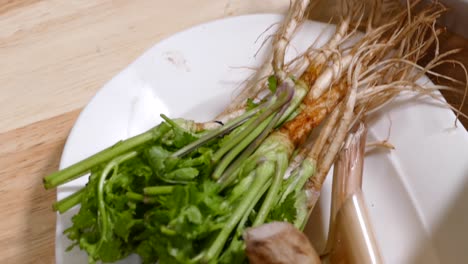 Galangal-and-Coriander-Root-on-White-Plate,-Close-Up