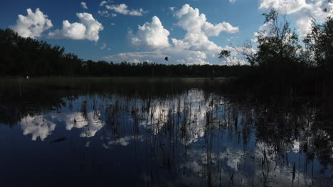 Wide-shot-of-clouds-mirrored-in-the-wetlands-water-surface-with-a-slight-tilt-up-to-reveal-more-of-the-sky