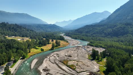 Vedder-River,-Chilliwack-River-With-Lush-Green-Forest-And-Scenic-Mountains-At-Summer