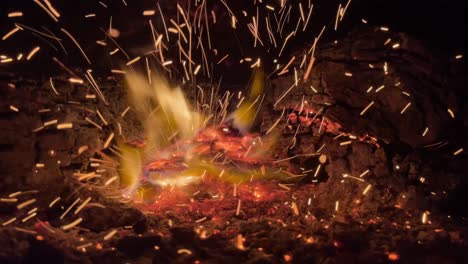 Fire-sparks-rising-up-from-burning-outdoor-bonfire