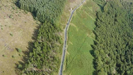 Top-view-of-a-black-car-riding-along-a-road-in-a-green-forest-along-the-Wicklow-mountains-1