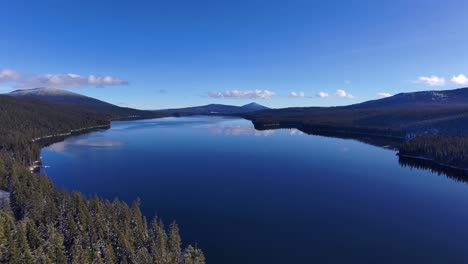 Drone-right-to-left-over-reflective-blue-lake-on-sunny-winter-day,-60fps