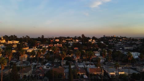 Aerial-view-overlooking-Palm-trees-along-a-road-in-Elysian-Park,-sunset-in-Los-Angeles,-USA---tracking,-tilt,-drone-shot