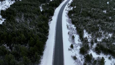Carretera-Asfaltada-Desolada-En-El-Bosque-Cubierto-De-Nieve-Del-Sur-De-Islandia