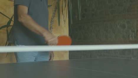 A-man-hits-the-white-ball-in-ping-pong-during-a-game,-detail-of-the-net-and-racket-in-slow-motion,-the-table-is-in-a-tavern-and-plants-and-a-yellow-brick-wall-can-be-seen-in-the-background