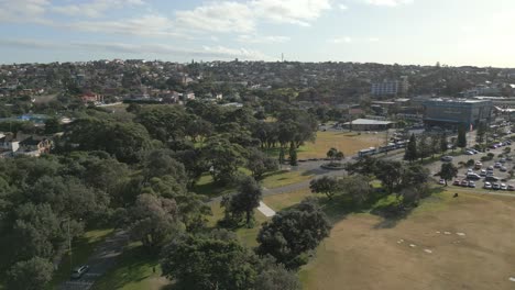 Aerial-view-of-a-public-recreational-park-at-the-eastern-suburb-of-Sydney,-Maroubra-Beach,-NSW-Australia