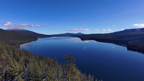 Drone-A-Través-De-árboles-Nevados-Con-Lago-Azul-Reflectante-Soleado,-60fps