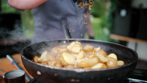 Chefs-hand-Seasoning-potatoes-in-a-pan-on-The-Gas-stove-on-outdoor-Barbecue-at-event-slow-motion-close-up-catering