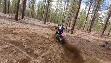 Race-drone-follows-male-dirt-bike-motorcycle-rider-through-forest-trees,-60fps