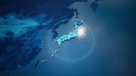 Concepto-Futurista-Geométrico-Abstracto-Mapa-3d-De-Japón-Con-Bordes-Como-Garabatos,-Estilo-Neón-Azul