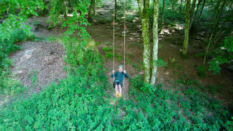 Young-adult-on-giant-swing-in-forest-seen-from-above-in-overview-shot