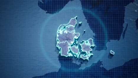 Abstract-geometric-futuristic-concept-3d-Map-of-Denmark-with-borders-as-scribble,-blue-neon-style
