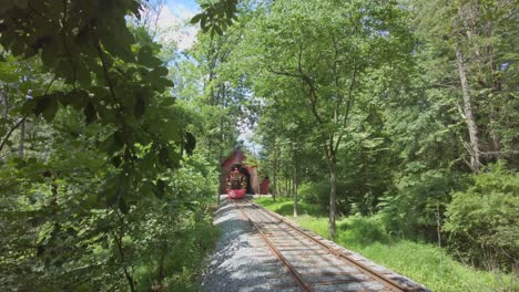 A-Restored-Antique-Steam-Engine,-Approaching,-Riding-Along-a-Single-Track-in-the-Woods-on-a-Sunny-Day